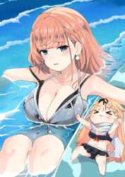 &gt;_&lt; 2girls absurdres aqua_eyes atlanta_(kancolle) atlanta_(swimsuit)_(kancolle) bikini bikini_skirt black_bikini black_ribbon blonde_hair breasts brown_hair cleavage dyson_(edaokunnsaikouya) earrings front-tie_bikini_top front-tie_top grey_bikini hair_down hair_flaps hair_ornament hair_ribbon hairclip highres jewelry kantai_collection large_breasts layered_bikini long_hair mini_person minigirl multiple_girls official_alternate_costume ribbon sailor_bikini sailor_collar scarf single_earring size_difference smile star_(symbol) star_earrings swimsuit very_long_hair white_scarf yuudachi_(kancolle) yuudachi_kai_ni_(swimsuit)_(kancolle)