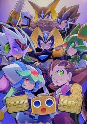 2girls 6+boys android anniversary arm_cannon armor assault_visor bass.exe_(mega_man) bass_(mega_man) biometal black_armor black_bodysuit black_coat black_helmet blue_eyes bodysuit brown_cape brown_cloak brown_hair cannon cape chest_jewel clenched_teeth cloak coat covered_face covered_mouth cowboy_shot cropped_jacket crossed_arms crotch_plate dress earrings em_wave_change_(mega_man) energy_sword evil_grin evil_smile facial_mark fang final_smash fins forehead_jewel forehead_protector gloves glowing glowing_hand glowing_hands gradient_background green_armor green_eyes green_hair green_helmet grey_hair grin hacking hair_pulled_back hair_slicked_back hairband head_fins headgear helmet highres holding holding_sword holding_weapon huge_weapon jewelry long_hair looking_at_viewer mechanical_wings medium_hair mega_man_(classic) mega_man_(series) mega_man_battle_network_(series) mega_man_legends_(series) mega_man_star_force_(series) mega_man_star_force_3 mega_man_x_(series) mega_man_zero_(series) mega_man_zx mizuno_keisuke multiple_boys multiple_girls nero_l_(mega_man) netnavi non-web_source official_art open_mouth pandora_(mega_man) pantyhose pink_gloves pink_hairband power_armor powering_up purple_armor purple_eyes purple_helmet purple_visor red_eyes robot robot_ears robot_girl rockman_xover rogue_(mega_man) sage_harpuia_(mega_man) servbot_(mega_man) shooting_star short_hair short_sleeves shoulder_armor shoulder_cannon sigma_symbol simple_background skull-shaped_hat smile spiked_hair sword teeth tron_bonne_(mega_man) vile_(mega_man) weapon white_armor white_helmet winged_helmet wings