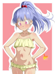 1girl absurdres bare_shoulders bikini blush breasts frilled_bikini frills highres looking_at_viewer metaminegl navel original pink_eyes ponytail purple_hair side-tie_bikini_bottom simple_background small_breasts smile solo spanish_commentary swimsuit two-tone_background yellow_bikini