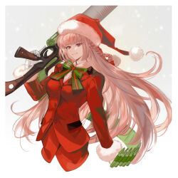 Rule 34 | 1girl, ammunition, arlizi, blunt bangs, border, bow, bowtie, braid, closed mouth, cropped legs, fate/grand order, fate (series), florence nightingale (fate), florence nightingale (santa) (fate), fur-trimmed headwear, fur-trimmed sleeves, fur trim, gloves, gradient background, green bow, green bowtie, grey background, gun, hand up, hat, highres, holding, holding gun, holding weapon, jacket, light machine gun, long hair, long sleeves, looking ahead, machine gun, pink eyes, pink hair, pom pom (clothes), red hat, red jacket, red skirt, revision, santa costume, shirt, simple background, skirt, smile, snowing, solo, striped bow, striped bowtie, striped clothes, suit jacket, trigger discipline, weapon, white background, white border, white gloves, white shirt