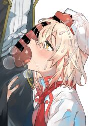 1boy 1girl absurdres alice_(egocentric_patissiere)_(tales) alice_(tales) bar_censor blonde_hair blush censored commission cum cum_on_body cum_on_hair cum_on_headwear facial grabbing_another&#039;s_thighs hat hetero highres mogamiya_honu official_alternate_costume oral pants penis penis_on_face regal_bryan short_hair tales_of_(series) tales_of_symphonia tales_of_symphonia:_dawn_of_the_new_world tales_of_the_rays testicle_sucking tongue tongue_out white_background yellow_eyes