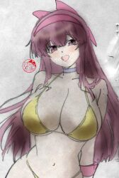 1girl arms_behind_back bikini blush breasts cleavage curvy hair_ribbon half-closed_eyes highres large_breasts legs long_hair looking_at_viewer nakoruru navel open_mouth pink_eyes pink_hair pink_lips ribbon samurai_spirits sideboob smile snk solo stamp_mark swimsuit the_king_of_fighters thighs thong_bikini tongue traditional_media very_long_hair yellow_bikini
