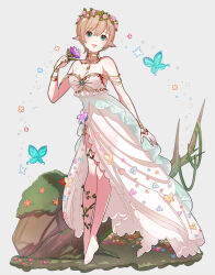 1girl :3 arm_at_side bare_shoulders barefoot blue_butterfly blue_eyes blue_flower blush bob_cut bracelet breasts brown_hair bug butterfly choker cleavage dress earrings elf fingernails flower frilled_dress frills full_body gold_bracelet gold_choker gold_earrings grey_background hand_up holding holding_flower ich. idolmaster idolmaster_cinderella_girls idolmaster_cinderella_girls_starlight_stage insect jewelry light_blush log long_dress looking_at_viewer manaka_misato medium_breasts moss off-shoulder_dress off_shoulder official_alternate_costume open_mouth pink_flower plant pointy_ears purple_flower red_flower short_hair sidelocks simple_background smile solo standing straight_hair swept_bangs vines white_dress