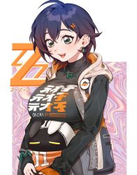 1girl :d bangboo_(zenless_zone_zero) belle_(zenless_zone_zero) black_jacket blue_hair breasts commentary crossed_bangs earrings fingerless_gloves gloves hair_between_eyes hair_ornament highres hood hooded_jacket jacket jewelry large_breasts long_sleeves multiple_girls open_mouth orange_gloves s_oxox shirt short_hair single_fingerless_glove smile standing teeth tongue unzipped upper_teeth_only zenless_zone_zero