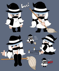 1girl broom broom_riding child english_text flat_chest hat lucy_(tinytoxicwaste101) multiple_persona original pentagram pizza_tower serious standing tinytoxicwaste101 twintails white_hair witch witch_hat