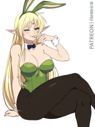 1girl ;) animal_ears black_bow black_bowtie black_pantyhose blonde_hair bow bowtie breasts cleavage commentary crossed_legs deedlit elf english_commentary faenatical fake_animal_ears green_eyes green_leotard highres large_breasts leotard long_hair one_eye_closed paid_reward_available pantyhose patreon_username playboy_bunny pointy_ears rabbit_ears record_of_lodoss_war simple_background smile solo very_long_hair white_background wrist_cuffs