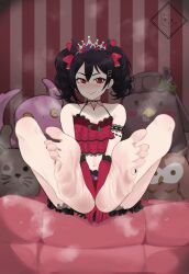 1girl bare_legs bare_shoulders barefoot black_hair black_nails blush bow closed_mouth collarbone crop_top double-parted_bangs eyelashes feet feet_up foot_focus full_body gloves hair_between_eyes hair_bow hair_ornament highres knees_apart_feet_together knees_up legs looking_at_viewer love_live! midriff nail_polish navel nekoyokai_(felfurblank) red_bow red_eyes red_gloves shadow sitting smell smile soles spread_toes steaming_body tiara toenail_polish toenails toes twintails yazawa_nico