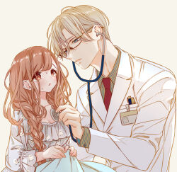 1boy 1girl age_difference bishounen blue_eyes blush braid brown_eyes brown_hair doctor dress glasses grey_hair hetero long_hair looking_at_another nishiogi original stethoscope twin_braids