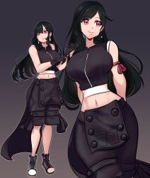 1girl absurdres adjusting_clothes adjusting_gloves apron arm_ribbon bare_shoulders black_apron black_gloves black_hair black_shorts black_vest breasts closed_mouth commentary cowboy_shot crop_top earrings final_fantasy final_fantasy_vii final_fantasy_vii_advent_children full_body gloves gradient_background highres jewelry large_breasts long_hair midriff missandydandy multiple_views navel pink_lips red_eyes red_ribbon ribbon shorts smile standing tank_top tifa_lockhart vest waist_apron white_tank_top zipper