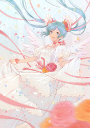 1girl absurdres angel_wings aqua_background arms_at_sides baby&#039;s-breath bare_shoulders blue_background blue_eyes blue_flower blue_hair blurry choker commentary_request depth_of_field detached_sleeves dot_nose dress dress_flower eyelashes floating_hair flower gradient_background green_background green_flower grey_background hair_flower hair_ornament hair_ribbon happy hatsune_miku highres light_particles long_dress looking_back multicolored_background open_clothes orange_flower orange_rose pastel_colors petals pink_flower pink_ribbon pink_rose polka_dot polka_dot_background puffy_sleeves red_flower red_rose ribbon ribbon_choker rose satochi_(1122) sidelocks simple_background skirt_hold sleeveless sleeveless_dress solo spaghetti_strap sparkle swept_bangs tareme teeth twintails upper_teeth_only vocaloid waist_ribbon white_dress white_wings wings wrist_flower wrist_ribbon