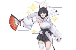 1girl absurdres blue_archive breasts broken_horn earrings folded_fan folding_fan gradient_horns halo hand_fan highres holding holding_fan hoop_earrings horns japanese_clothes jewelry kimono mole mole_under_eye multicolored_horns niya_(blue_archive) orange_horns sideboob sideless_kimono sleeveless sleeveless_kimono solo white_halo white_kimono zyu_yon