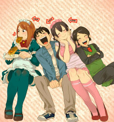 2boys 2girls 81diver arrow_(symbol) big_belly black_dress black_hair braid breasts cleavage dress eating elbow_gloves food gloves hands_on_own_cheeks hands_on_own_face holding holding_plate maid maid_headdress maple_syrup multiple_boys multiple_girls nakashizu_soyo pancake plate puffy_sleeves red_hair smile sugata_kentaro t_k_g twin_braids white_headdress