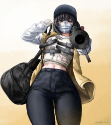 1girl absurdres aiming aiming_at_viewer artist_name bag bandaged_hand bandages baseball_cap black_bag black_hair black_hat black_pants bulletproof_vest clothes_writing commission commissioner_upload cowboy_shot denim dog_tags duct_tape duffel_bag gradient_background green_eyes gun hat highres holding holding_bag jacket jeans laser_sight looking_at_viewer m4skedboi mac-10/11 magazine_(weapon) mask midriff mole mole_under_eye mouth_mask multicolored_jacket navel non-web_source open_clothes open_jacket original pants russian_text short_hair simple_background solo submachine_gun suppressor two-tone_background two-tone_jacket vest weapon white_background white_vest yellow_background