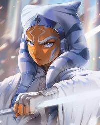 1girl ahsoka_tano alien blue_eyes colored_skin energy_sword fingerless_gloves frown gloves highres holding holding_sword holding_weapon light_particles lightsaber looking_at_viewer motion_blur noush orange_skin portrait reverse_grip robe solo star_wars star_wars:_ahsoka sword togruta v-shaped_eyebrows weapon white_gloves white_robe
