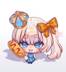 1girl artist_name blue_dress blue_eyes blush bow chibi corn_dog crown dress food grey_hair hair_bow highres holding holding_food marimari_(vtuber) marimari_(vtuber)_(marimari_2.0) mini_crown open_mouth orange_bow phase_connect shadow short_eyebrows side_ponytail smile solo su_niii virtual_youtuber