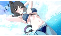 Rule 34 | 1girl, animal ears, armpits, bikini, black eyes, black hair, black tail, blue archive, blue halo, breasts, cat ears, cat girl, cat tail, colored inner animal ears, criss-cross halter, criss-cross straps, halo, halterneck, kikyou (blue archive), kikyou (swimsuit) (blue archive), layered bikini, multi-strapped bikini bottom, multiple tails, navel, official alternate costume, presenting armpit, short hair, sideboob, solo, stomach, strelka belca, swimsuit, tail, two tails, underboob