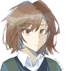 Rule 34 | 1boy, black vest, brown hair, closed mouth, collared shirt, commentary, dated, diyushanzhadeng, expressionless, green jacket, harada mutei, hatching (texture), jacket, male focus, open clothes, open jacket, red eyes, saibou shinkyoku, shirt, short hair, simple background, solo, swept bangs, vest, white background, white shirt