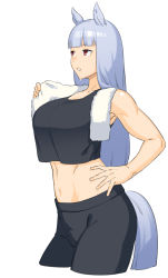 1girl animal_ears black_pants black_shirt blue_hair blunt_bangs breasts cowboy_shot crop_top crop_top_overhang cropped_shirt dyun from_side gold_ship_(umamusume) hand_on_own_hip hand_up highres horse_ears horse_girl horse_tail large_breasts midriff navel pants parted_lips red_eyes shirt simple_background solo standing sweat tail toned towel towel_around_neck umamusume white_background