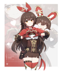 Rule 34 | 1girl, 606 haochuangshangren, amber (genshin impact), baron bunny (genshin impact), belt, boots, border, brown corset, brown eyes, brown gloves, brown hair, brown shorts, closed mouth, commentary, corset, cowboy shot, english text, genshin impact, gloves, goggles, goggles around neck, hair between eyes, hair ribbon, heart, heart hands, highres, jacket, long hair, long sleeves, looking at viewer, outside border, pouch, red gloves, red jacket, red thighhighs, ribbon, shirt, shorts, smile, solo, stuffed toy, symbol-only commentary, thigh belt, thigh boots, thigh strap, thighhighs, two-tone gloves, white boots, white border, white shirt, zoom layer