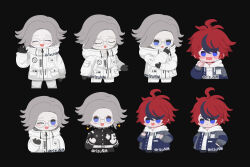 2boys aotsuki_eito black_gloves black_hair blue_eyes blush chibi chibi_only closed_eyes closed_mouth frown glasses gloves hoodie jacket last_defense_academy_school_uniform looking_at_viewer male_focus multiple_boys multiple_expressions one_eye_closed open_mouth parted_lips red_hair sumino_takumi teeth the_hundred_line_-last_defense_academy- upper_body upper_teeth_only white_hair white_hoodie white_jacket