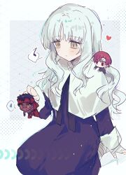 Rule 34 | 1boy, 2girls, absurdres, angra mainyu (fate), bandaged foot, bandaged hand, bandages, bazett fraga mcremitz, black hair, blush, caren hortensia, closed mouth, dark-skinned male, dark skin, dress, earrings, fate/hollow ataraxia, fate (series), full-body tattoo, grey hair, heart, highres, holding, holding mini person, jewelry, long hair, long sleeves, mini person, miniboy, minigirl, multiple girls, musical note, purple dress, purple eyes, purple hair, simple background, sweatdrop, tattoo, yakksan, yellow eyes