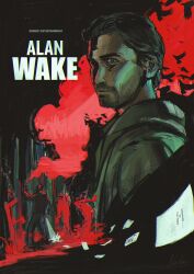1boy absurdres alan_wake alan_wake_(game) alley axe beard bird black_hair blue_eyes colored_smoke crow dark english_text facial_hair flying_paper grey_jacket hair_slicked_back highres holding holding_axe hood hood_down jacket looking_at_viewer movie_poster multiple_monochrome multiple_views neo_jpeg paper partially_shaded_face people script short_hair silhouette smoke solo too_many too_many_birds upper_body