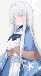 1boy 1girl absurdres blue_archive grey_background grey_eyes grey_hair hair_ornament hand_under_clothes hetero highres long_hair looking_at_viewer mikozin nagusa_(blue_archive) paid_reward_available school_uniform serafuku shirt skirt snowflake_hair_ornament solo_focus white_shirt white_skirt