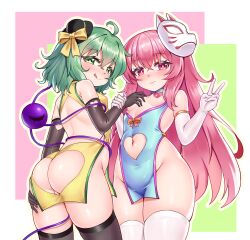 2girls :q absurdres alternate_costume ass ass_cutout backless_dress backless_outfit bare_shoulders black_gloves black_hat blue_dress blue_eyes blush bow breasts breasts_out butt_crack clothing_cutout collared_dress covered_erect_nipples dress elbow_gloves embarrassed fox_mask from_behind from_below gloves grabbing_own_thigh green_eyes green_hair hair_between_eyes hand_on_another&#039;s_chest hand_up hands_up hat hat_bow hata_no_kokoro heart heart-shaped_pupils heart_cutout heart_pasties highres hip_focus holding_another&#039;s_wrist koishi_day komeiji_koishi leaning_forward light_frown long_hair looking_at_viewer looking_back looking_down mask mask_on_head medium_hair midriff mini_hat multiple_girls navel navel_cutout no_bra no_panties one_eye_closed pasties pink_eyes pink_hair sideless_outfit skindentation sleeveless sleeveless_dress small_breasts smile stomach symbol-shaped_pupils thighhighs thighs third_eye tongue tongue_out touhou v very_long_hair white_gloves yangshangshu yellow_bow yellow_dress