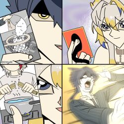 1girl 2boys arknights black_hair blonde_hair blue_hair closed_mouth elysium_(arknights) food grey_hair highres kaiba&#039;s_defeat_(meme) meme multicolored_hair multiple_boys open_mouth pasta rice short_hair shu_(arknights) spaghetti streaked_hair vigil_(arknights) yukii