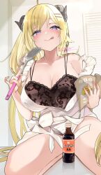 1girl apron black_camisole blonde_hair blush bottle breasts camisole cleavage highres holding hololive horns indoors kneeling large_breasts long_hair nyas0123 purple_eyes sheep_girl sheep_horns single_bare_shoulder solo tongue tongue_out tsunomaki_watame virtual_youtuber white_apron