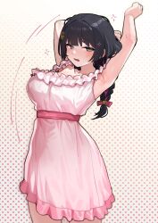 1girl absurdres armpits arms_behind_head arms_up bare_arms bare_shoulders black_hair blue_eyes braid breasts cowboy_shot frills heok_bam highres large_breasts long_hair looking_at_viewer nightgown pink_nightgown shirayuki_hina single_braid sleeveless solo stellive virtual_youtuber