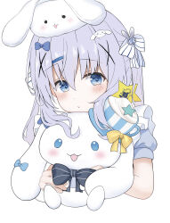 1girl :t absurdres blue_bow blue_eyes blush bow closed_mouth gochuumon_wa_usagi_desu_ka? hair_bow hair_ornament hair_ribbon hairclip highres holding holding_stuffed_toy hugging_object k12040707 kafuu_chino long_hair looking_at_viewer rabbit_hair_ornament ribbon short_sleeves sidelocks simple_background solo stuffed_animal stuffed_rabbit stuffed_toy upper_body white_background white_ribbon x_hair_ornament