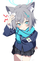 1girl aged_down animal_ear_fluff animal_ears aqua_eyes aqua_halo aqua_scarf arm_support bandaid bandaid_on_head black_skirt blazer blue_archive blue_jacket blush checkered_clothes checkered_skirt cross_hair_ornament grey_hair hair_between_eyes hair_ornament halo hand_on_own_head head_tilt jacket long_sleeves looking_at_viewer medium_hair name_tag pain pout scarf shiroko_(blue_archive) shiroko_(young)_(blue_archive) sidelocks skirt solo supershiruco tearing_up thighs white_background