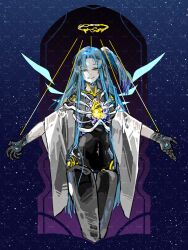 1girl :d angela_(project_moon) blue_hair blue_wings border cardigan claw_pose cowboy_shot hair_over_shoulder halo heart_(organ) high_side_ponytail highres hole_in_chest hole_on_body joints lobotomy_corporation long_hair looking_at_viewer mechanical_arms mechanical_legs off_shoulder open_heart open_mouth ornate_border outstretched_arms project_moon puppet_strings ribs robot_joints smile solo star_(sky) starry_sky_background very_long_hair white_cardigan wings yellow_eyes zukichou