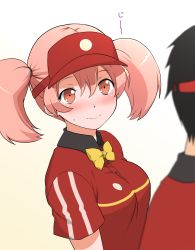 1boy 1girl black_hair blush bow ekra employee_uniform fast_food_uniform hataraku_maou-sama! highres maou_sadao pink_eyes pink_hair sasaki_chiho smile twintails upper_body visor_cap