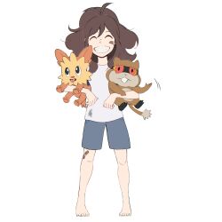 1girl aged_down antenna_hair bandaid bandaid_on_face barefoot blue_shorts closed_eyes commission deathyatina full_body gen_5_pokemon general:bandaid_on_leg highres hilda_(pokemon) lillipup messy_hair nintendo patrat pokemon pokemon_(creature) pokemon_bw shorts simple_background smile teeth white_background