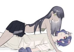 1boy 1girl all_fours black_hair blue_hair bra commentary_request gloves gundam gundam_gquuuuuux hetero highres long_hair looking_at_viewer lying nyaan_(gundam_gquuuuuux) on_back open_mouth pants red_eyes saba_kan_mg shirt short_hair shuji_ito simple_background skirt smile underwear white_background white_shirt yellow_eyes