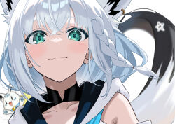 Rule 34 | 1girl, animal ear fluff, animal ears, blue neckerchief, blurry, blurry background, blush, braid, close-up, collarbone, commentary request, detached sleeves, earrings, extra ears, fox ears, fox girl, fox tail, green eyes, hair between eyes, highres, hololive, hood, hoodie, jewelry, long hair, looking at viewer, neckerchief, pentagram, shirakami fubuki, shirakami fubuki (1st costume), sidelocks, silent armor, simple background, single braid, smile, sukonbu (shirakami fubuki), tail, virtual youtuber, white background, white hair, white hoodie