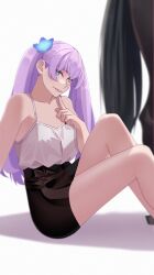 Rule 34 | 1girl, absurdres, alternate costume, aqua eyes, arm support, black nails, black skirt, blue flower, collarbone, dildo, elchalo, empty eyes, eyebrows, eyeshadow, feet out of frame, female focus, finger to own chin, flower, flower on head, from side, grin, high-waist skirt, highres, horse, implied after fellatio, implied bestiality, index finger raised, indie virtual youtuber, knees up, kyria (vtuber), leaning back, legs together, lips, long hair, looking at viewer, looking to the side, makeup, nail polish, naughty face, no pupils, parted lips, purple hair, sex toy, shirt, simple background, sitting, skirt, smile, solo, stray pubic hair, teeth, twintails, virtual youtuber, white background, white shirt, yandere