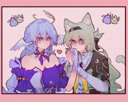 2girls animal_ears aqua_hair bare_shoulders black_hairband black_jacket black_ribbon blue_eyes blue_hair blush border breasts cat_ears cat_tail choker closed_mouth collarbone detached_sleeves dress earrings feathered_wings firefly_(honkai:_star_rail) gloves gradient_hair grey_hair hair_between_eyes hair_ornament hair_ribbon hairband halo hand_up head_wings heart highres holding_hands honkai:_star_rail honkai_(series) jacket jewel_under_eye jewelry kemonomimi_mode kiss kissing_hand leaf_hair_ornament long_hair long_sleeves looking_at_another medium_breasts multicolored_hair multiple_girls musical_note_ornament neckerchief pearl_earrings pink_background pink_border polka_dot polka_dot_background purple_choker purple_dress purple_sleeves ribbon robin_(honkai:_star_rail) roymsygxelaxpgk sailor_collar short_sleeves single_earring sleeveless sleeveless_dress smile star_ornament strapless strapless_dress tail two-tone_dress upper_body wavy_hair white_dress white_gloves wings yellow_neckerchief yuri