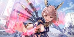 1girl :d animal_ears armor black_armor blue_reflection_(series) blue_reflection_sun blue_sky braid breasts brown_eyes brown_hair building city claw_pose cloud day dog_ears fake_animal_ears from_side game_cg hair_ornament highres hoshiya_kanna kishida_mel light_trail looking_at_viewer magical_girl medium_breasts medium_hair non-web_source official_art open_mouth outstretched_arm rubble sideboob sky slit_pupils smile solo twin_braids urban