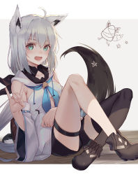 1girl absurdres ahoge animal_ear_fluff animal_ears arl bare_shoulders black_shoes black_thighhighs blush breasts commentary_request female_focus fox_ears fox_tail green_eyes hair_between_eyes highres hololive long_hair looking_at_viewer open_mouth shirakami_fubuki shirakami_fubuki_(1st_costume) shoes single_thighhigh small_breasts smile solo tail thighhighs virtual_youtuber white_hair