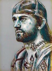 1boy beard black_eyes chest_tattoo closed_mouth days_gone deacon_st._john facial_hair grey_background hat jacket jewelry long_hair mullet necklace serious simple_background solo tattoo tattoo_on_neck