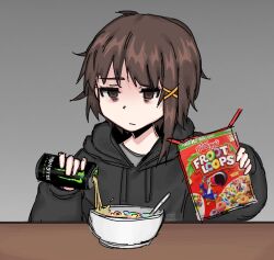 1girl bags_under_eyes black_hoodie bowl brown_eyes brown_hair cereal cereal_box froot_loops grey_background hair_ornament highres hood hoodie iwakura_lain monster_energy pouring serial_experiments_lain single_sidelock snale solo table x_hair_ornament