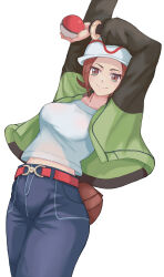 1girl absurdres alternate_breast_size arms_up backpack bag bell-bottoms belt breasts brown_eyes brown_hair clenched_hand clothes_lift collarbone denim eyebrows eyelashes female_focus fingernails green_jacket groin happy harmony_(pokemon) hat highres holding holding_poke_ball jacket jeans leaning_to_the_side legs_together long_sleeves looking_at_viewer matching_hair/eyes medium_breasts medium_hair mega_ring midriff moshi_(a24523815) neck nintendo open_clothes open_jacket pants poke_ball pokemon pokemon_legends:_z-a porkpie_hat see-through_clothes see-through_shirt shirt shirt_lift sidelocks simple_background smile standing white_background white_shirt