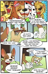 absurdres chase_(paw_patrol) commentary dog english_commentary english_text highres marshall_(paw_patrol) paw_patrol skye_(paw_patrol) stuck tagme tickling
