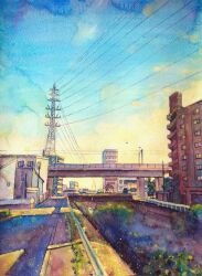 Rule 34 | absurdres, acrylic paint (medium), animal, apartment, bird, blue sky, bridge, building, bush, grass, highres, jobanni, landscape, morning, no humans, original, overhead line, painting (medium), plant, power lines, road, shadow, sky, street, sunlight, traditional media, transmission tower, utility pole