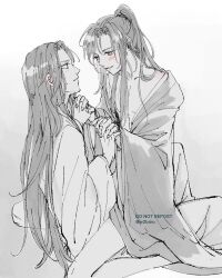 2boys bare_legs black_hair blush bottomless chinese_clothes collarbone couple eye_contact greyscale hanfu highres holding_hands implied_sex interlocked_fingers lan_wangji long_hair long_sleeves looking_at_another male_focus modao_zushi monochrome multiple_boys open_clothes open_robe parted_lips pectorals ponytail robe sidelocks sitting sitting_on_lap sitting_on_person smile spot_color straddling twitter_username upright_straddle w2biiro watermark wei_wuxian white_background wide_sleeves yaoi