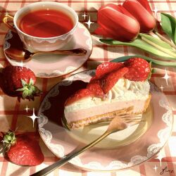 artist_name cake cake_slice cup dessert fine_9725 flower food food_focus fork fruit highres no_humans original plate red_flower saucer spoon still_life strawberry tablecloth tea teacup