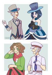 Rule 34 | 1girl, 2boys, battle chatelaine, black gloves, blue dress, blue eyes, blue hair, blue hat, blue necktie, brown hair, burgh (pokemon), caramel caracal, collared shirt, dress, emmet (pokemon), emmet (special costume) (pokemon), evelyn (pokemon), gloves, green eyes, green shirt, grey hair, hat, highres, looking at another, monocle, multiple boys, necktie, nintendo, official alternate costume, pokemon, pokemon bw, pokemon masters ex, pokemon xy, red scarf, scarf, shirt, sideburns, teeth, white gloves, white shirt
